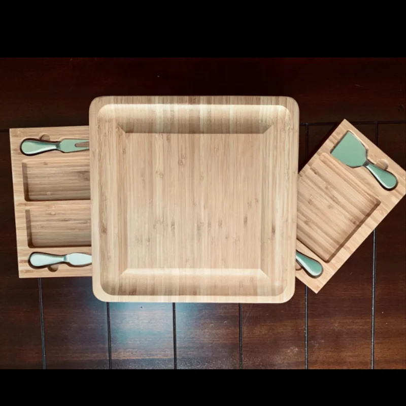 Bamboo Cheese Board and Knife Set Charcuterie Serving Platter with 2 Hidden Drawers and 4 Stainless Steel Cheese Knives