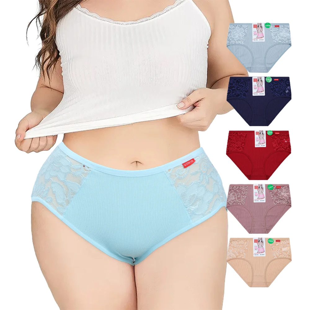 UOKIN  Basic plus size ladies lace panties pure cotton mid-rise large size underwear XXXL carding cotton panties A6152