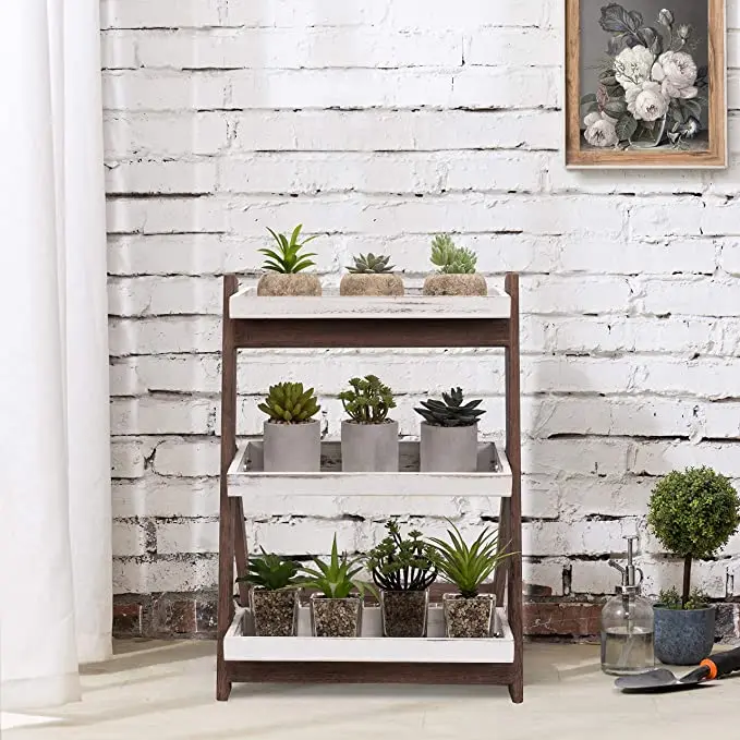 Freestanding multi tier wooden plant flower stand plants shelf vintage white 3 level shelf support