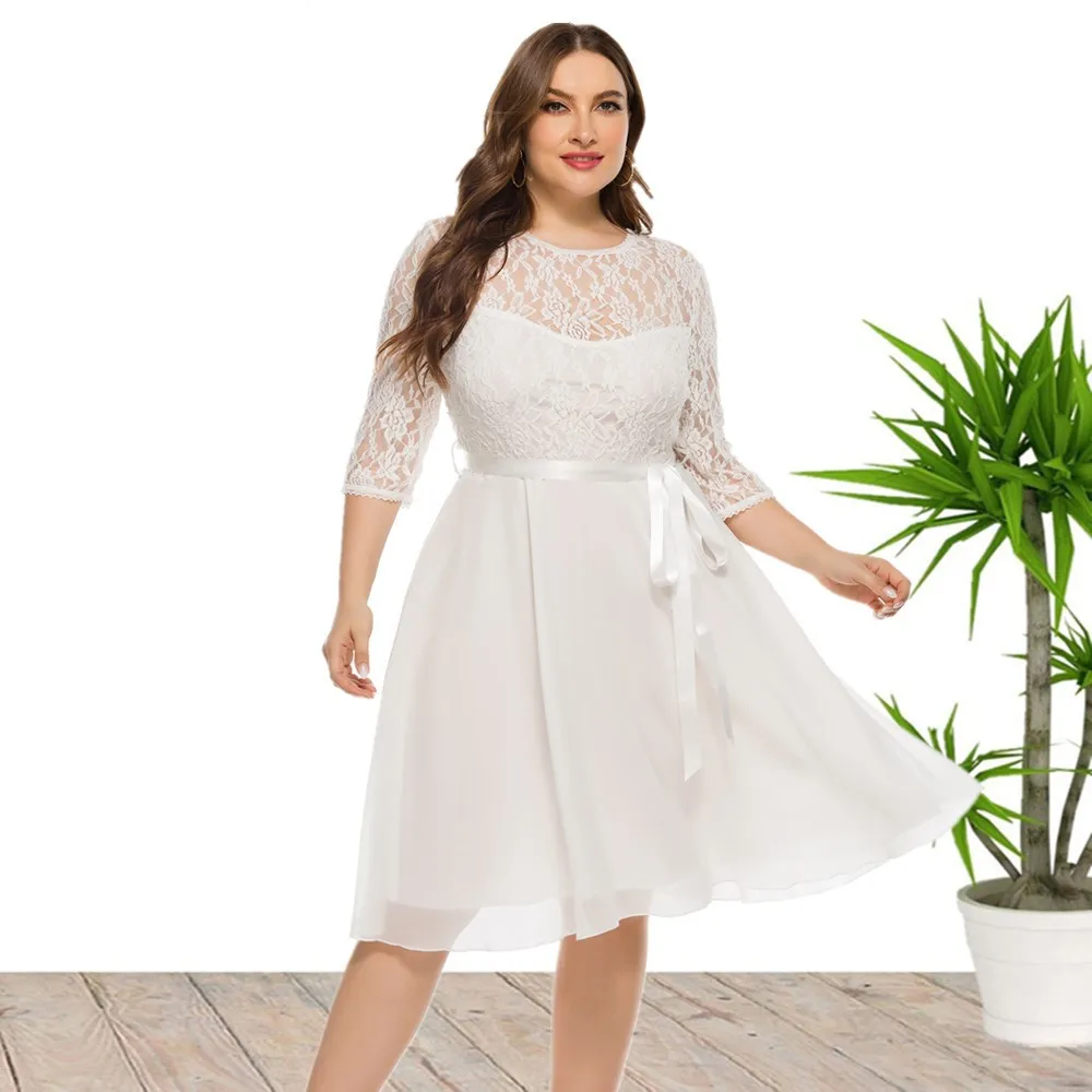 New Design Plus Size Lace Chiffon Stitching Skirts Prom Gown Bridesmaids Solid Color White Evening Dress For Women