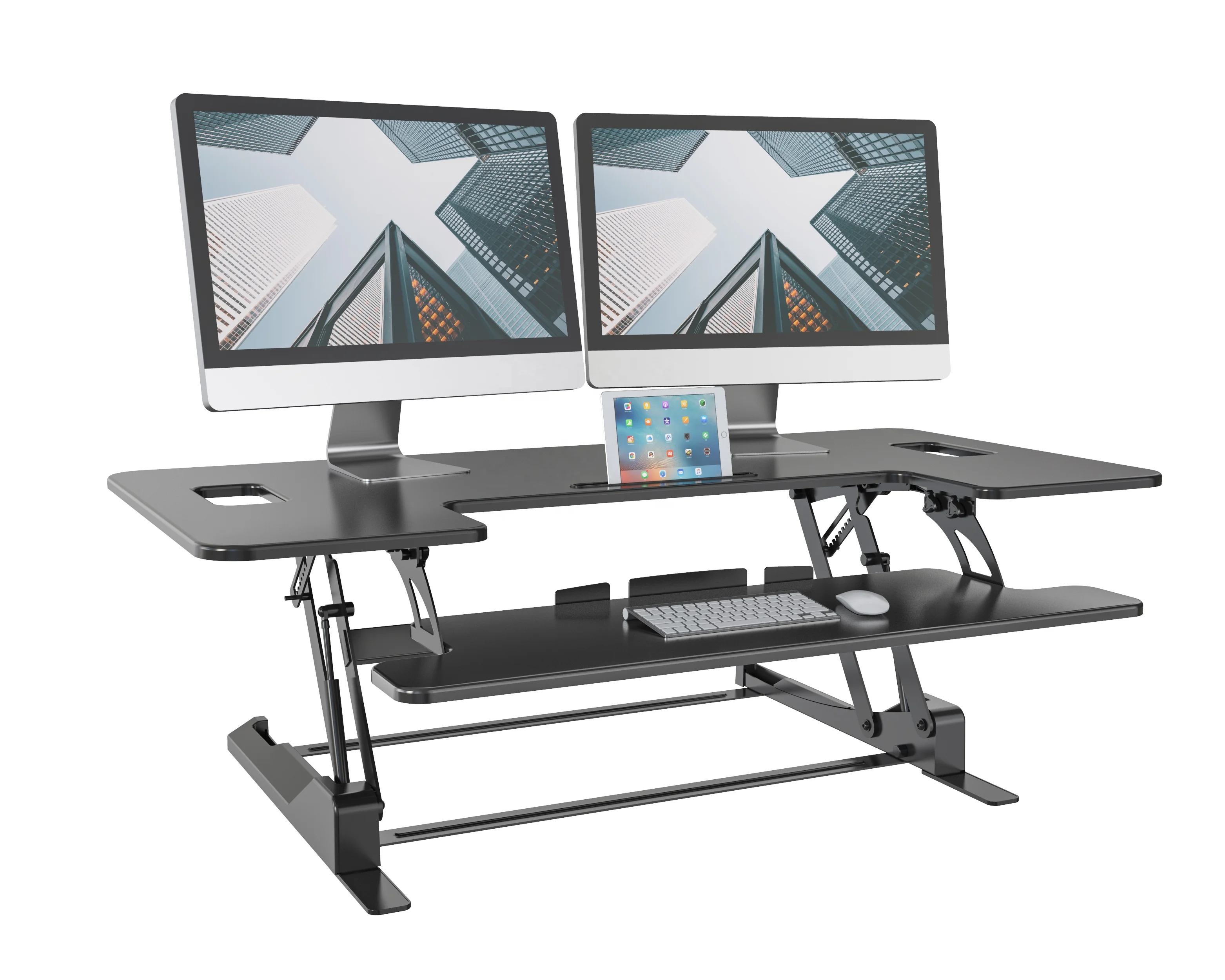 V-mounts Extendable Home Office Large Desktop Workstation Adjustable Tabletop Standing Desk Converter Double Handles