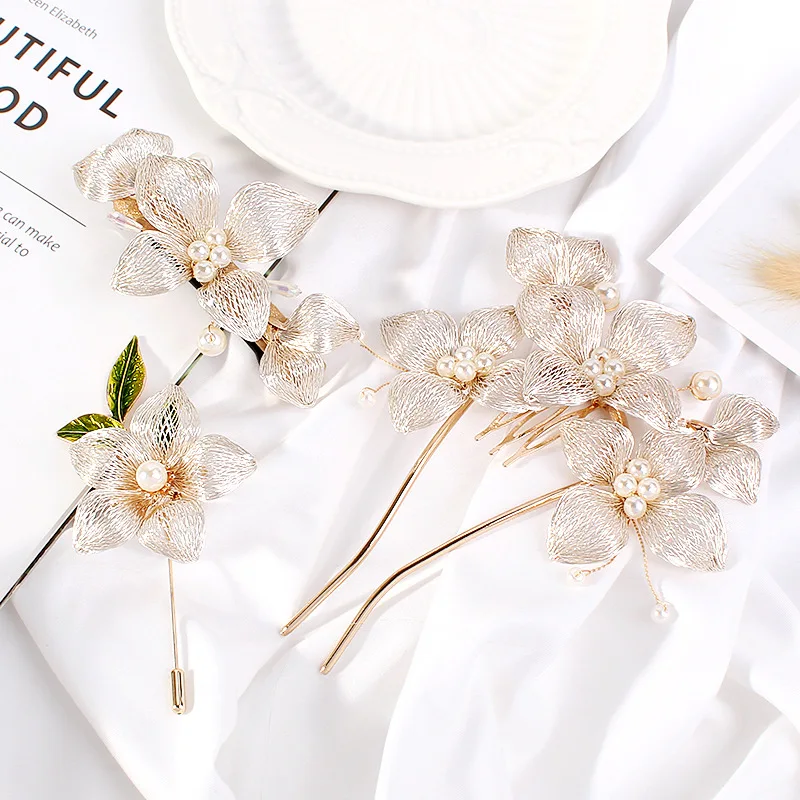 HONEY FLOWER Custom Weaved Lovely Flower Graceful New Design Copper Wire Hair Band Clip Hoop Brooch Scrunchies Accessories Set