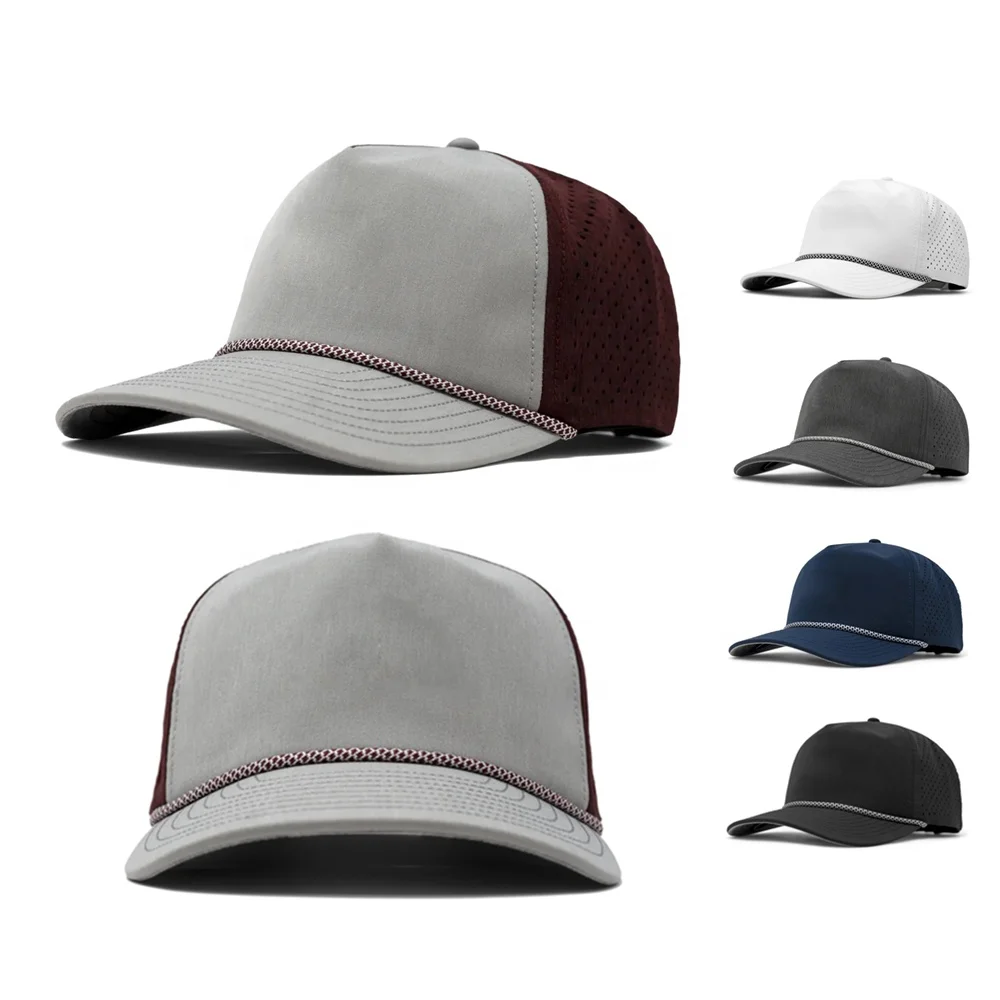 Wholesale Flat bill OEM Sports gorras waterproof laser cut holes rubber patch custom hydro 5 panel Melin rope cap hat