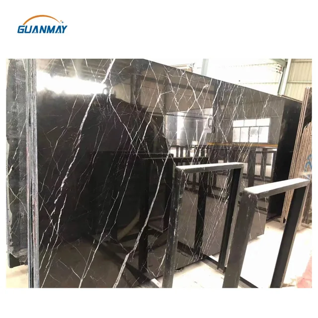 Polished Silky Black Marbels Tile Wall Island And White Striped Marble Natural Chinese Nero Black Marquina Slabs Stone Price