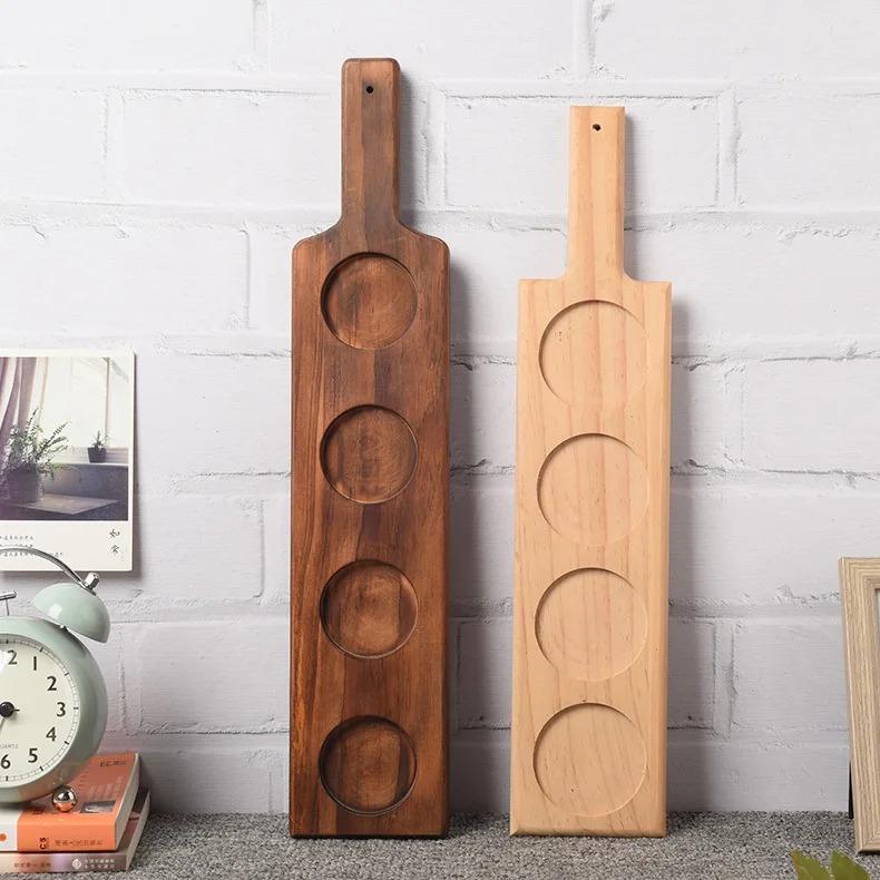 Custom 4 Cups Shot Glass Holder Wooden Wine Bottle Tray Serving Tray With Handle