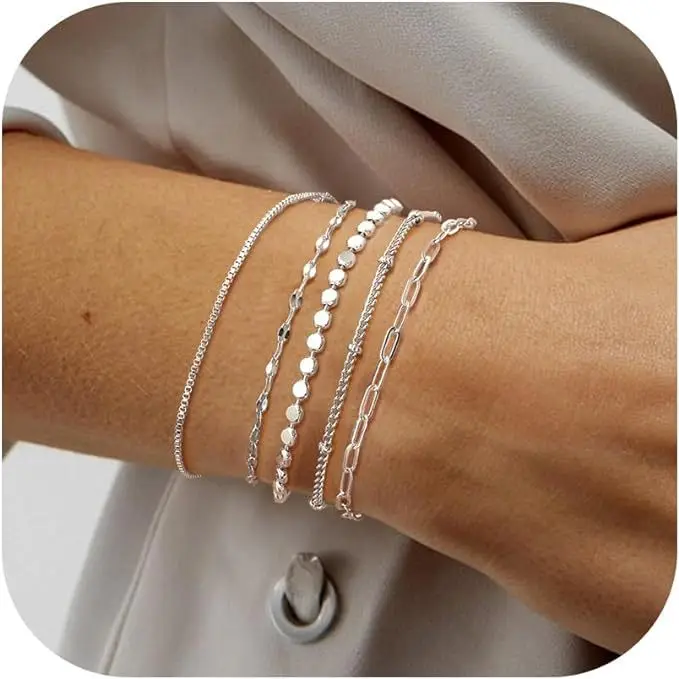 Hot Selling Layered Paperclip Beaded Figaro Cuban Link Chain Bracelets Dainty 5 Pcs Multilayer Gold Bracelet Set for Women