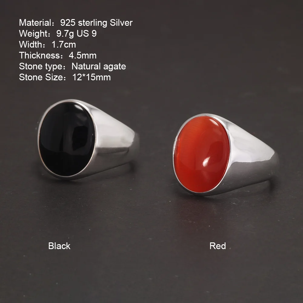 New arrival Real Pure 925 Silver Ring for Men Oval Stone Natural Agate Antique Fine Jewelry