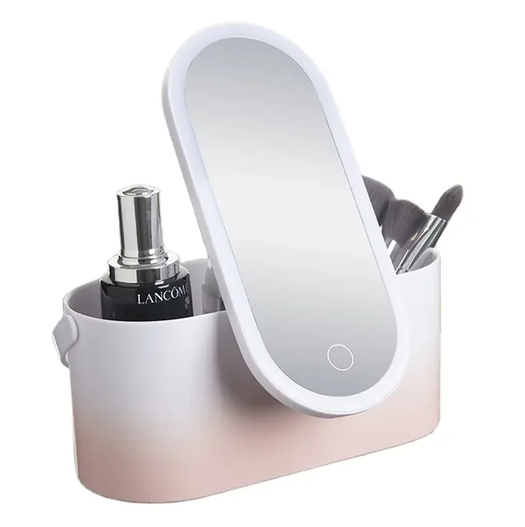 wholesale customized stand oval led cosmetic mirror with pink makeup train case storage drawer smart glass light up mirror