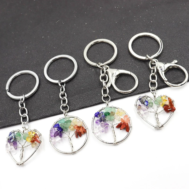 Natural Healing 7 Chakra Stone Gemstone Tree Of Life Keychain Key Ring Key Holder Charm For Women