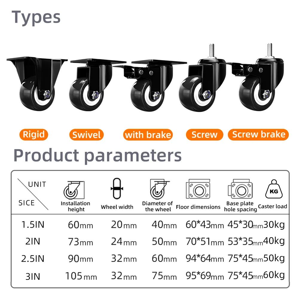 1.5/2/2.5/3inch Silent Mute black pu swivel 40 mm small castor wheels for furniture with Brake