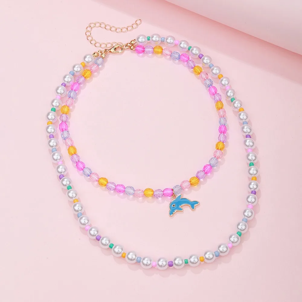 Simple Colorful Crystal Handmade Beaded Necklace Fashion Dolphin Rainbow Pendant Double Layer Necklace