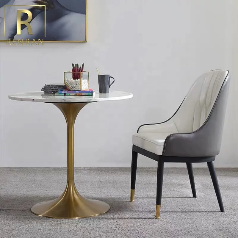 Modern Popular Luxury Round White Marble Top Gold Base Dining Table Hotel Tables Stone