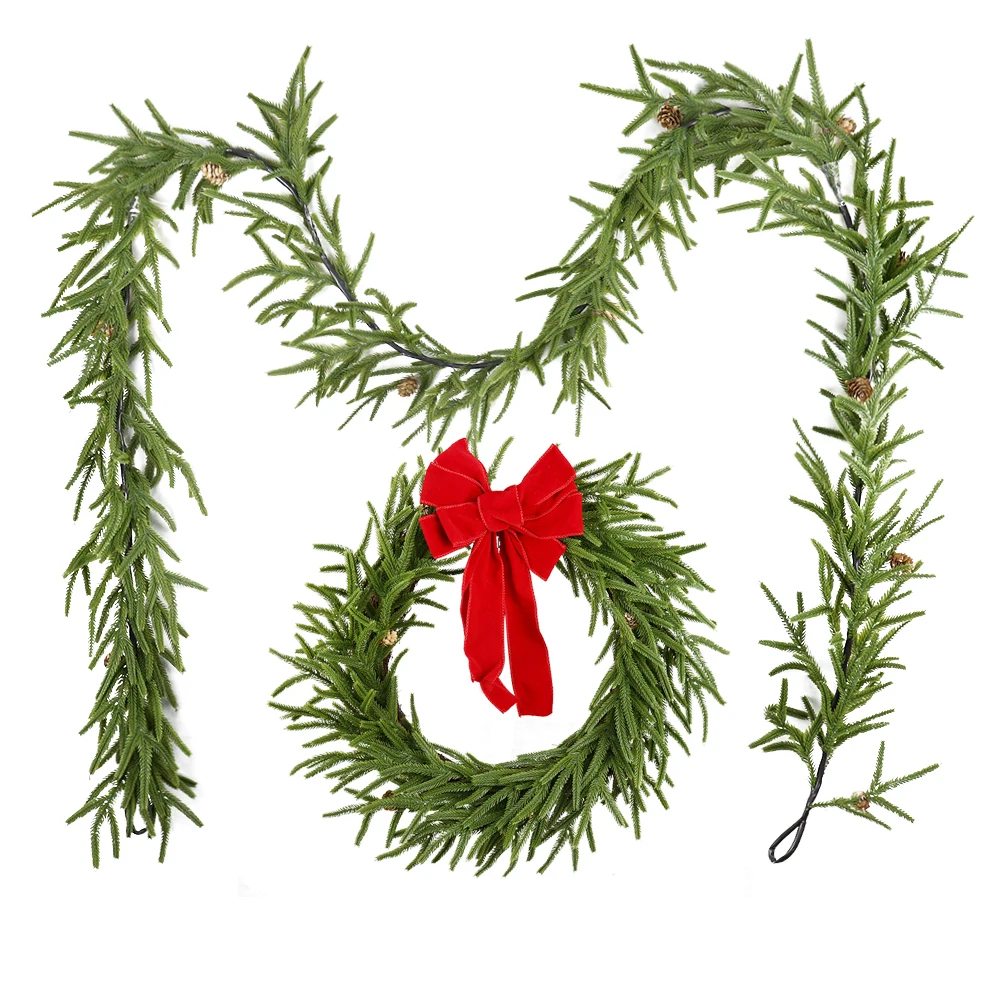 Real Touch Christmas Wreath Norfolk Pine Garland For Front Door Artificial Pine Cypress Ring Decor