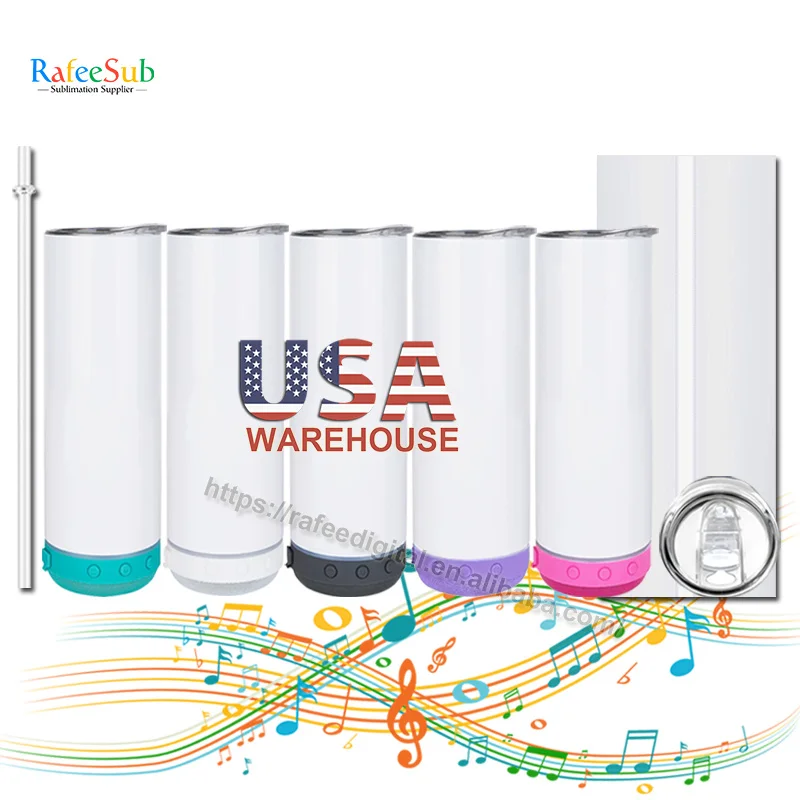 USA Warehouse Colorful 20oz Skinny 20 oz Straight Heat Press Printing Blank Sublimation Music Tumbler Cup with Wireless Speaker