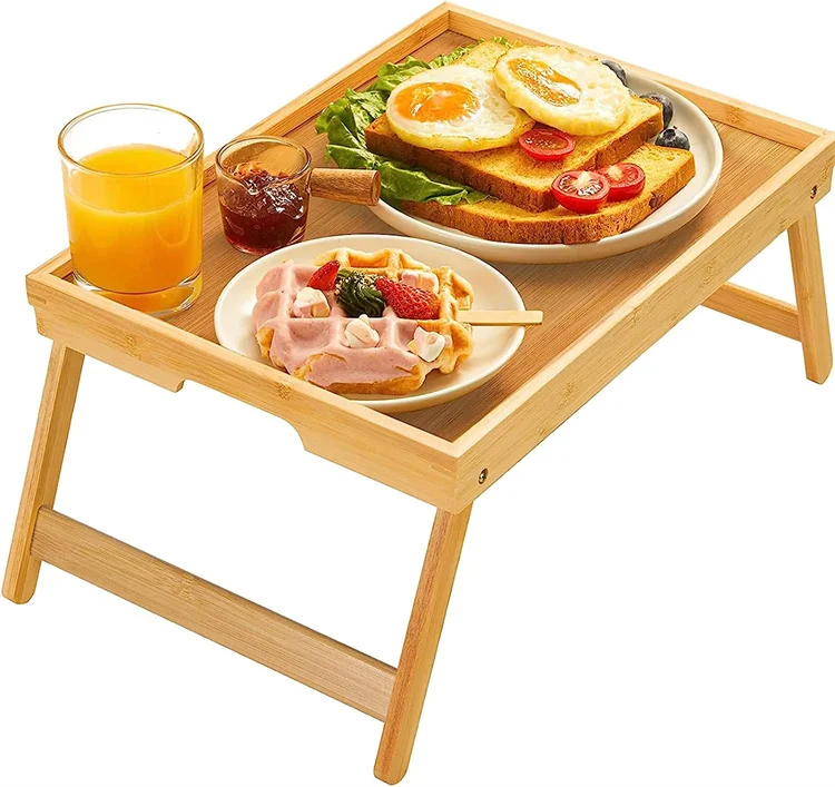 2022 eco-friendly bamboo wood adjustable bed table breakfast tray with foldable legs