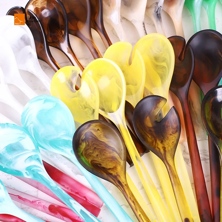 Luxury Brown Aqua Polyresin Swirl Pattern Handcrafted Salad Servers Food Safe Resin Stir Tools for Home & Hotel Party Occasions