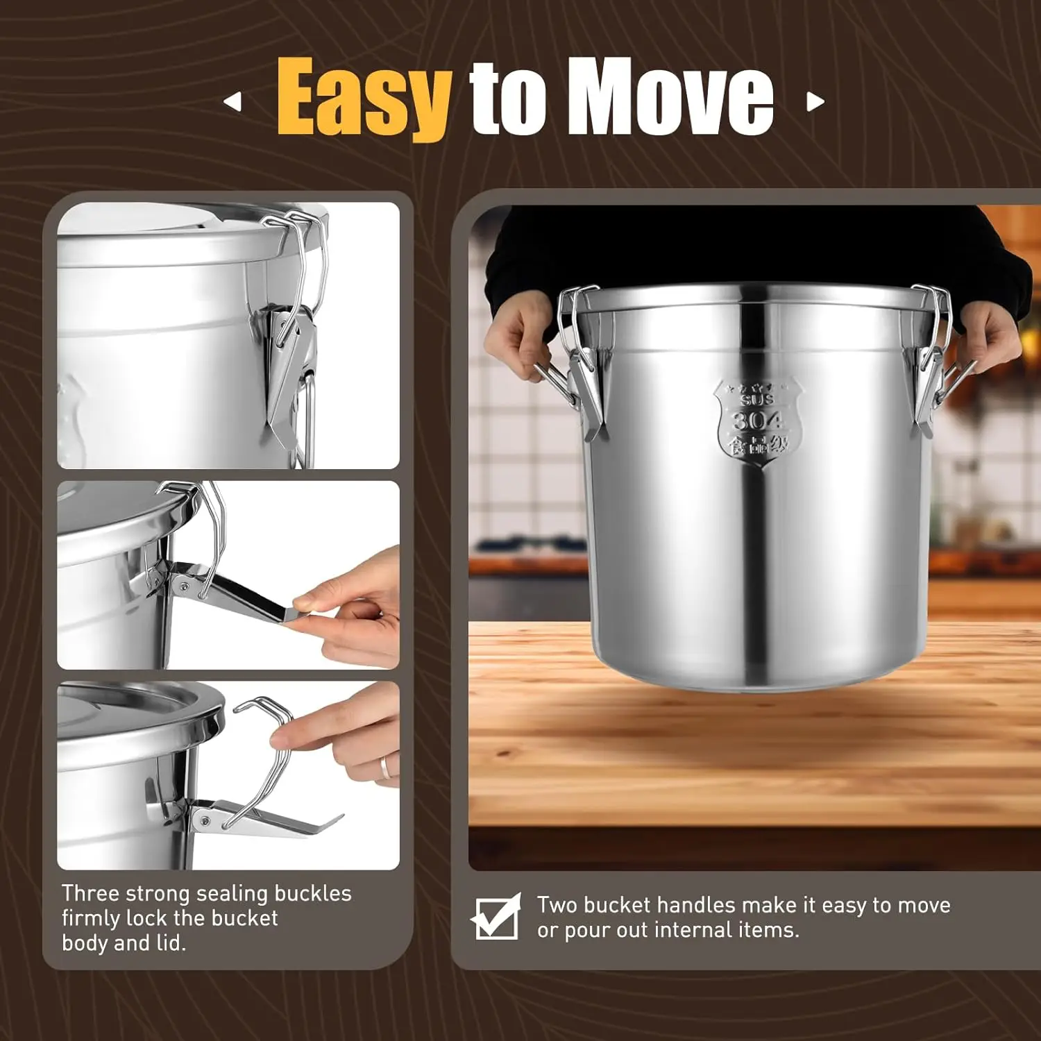 Kitchen Rice Metal Stock Pot Food StorageJar Sealed Bucket Milk Cans with Airtight Lid Handle Stainless Steel Canister Container