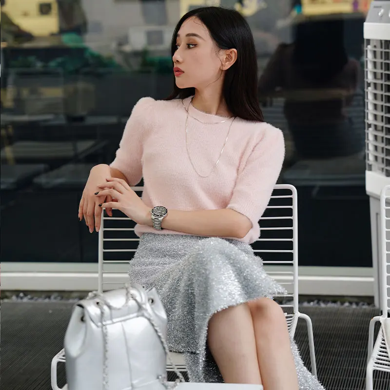 Sweater Women Casual Short Sleeve Mohair Knit Woolen Pullover Crew Neck Tops High Quality Sweatshirt for Ladies