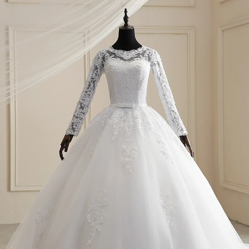 
W1019 Women Elegant Long Sleeve Lace Bandage Floor Length Long Tail Wedding Dress Bridal Dress 