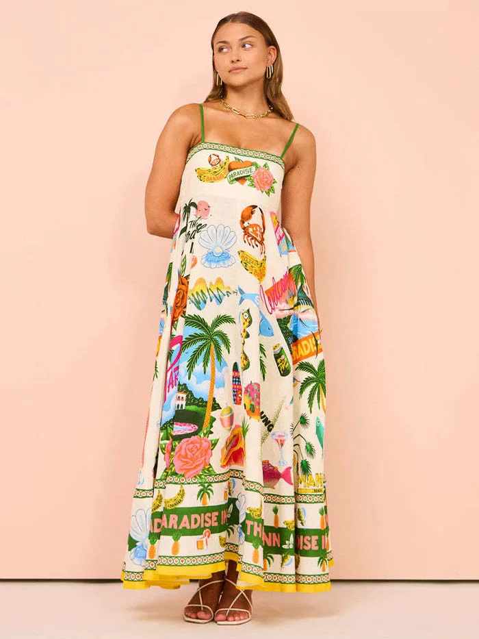 QZ45508  New 2024 European Chic Vintage Print Spaghetti Strap Ethnic Dress Print Women Dresses Clothing 9