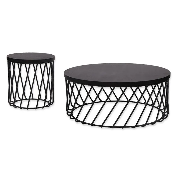 New design living room center round wooden coffee table set with metal storage basket