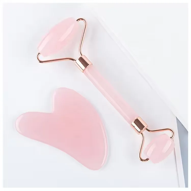 High Quality Pink Jade Roller Face Massage Roller Jade Guasha Stone Hot Selling Jade Roller Guasha Set