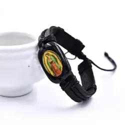 Wholesale Religious Holy Mother Maria Love Jesus Christ Cross Charm Christian Gift Jesus Bang Leather Bracelet