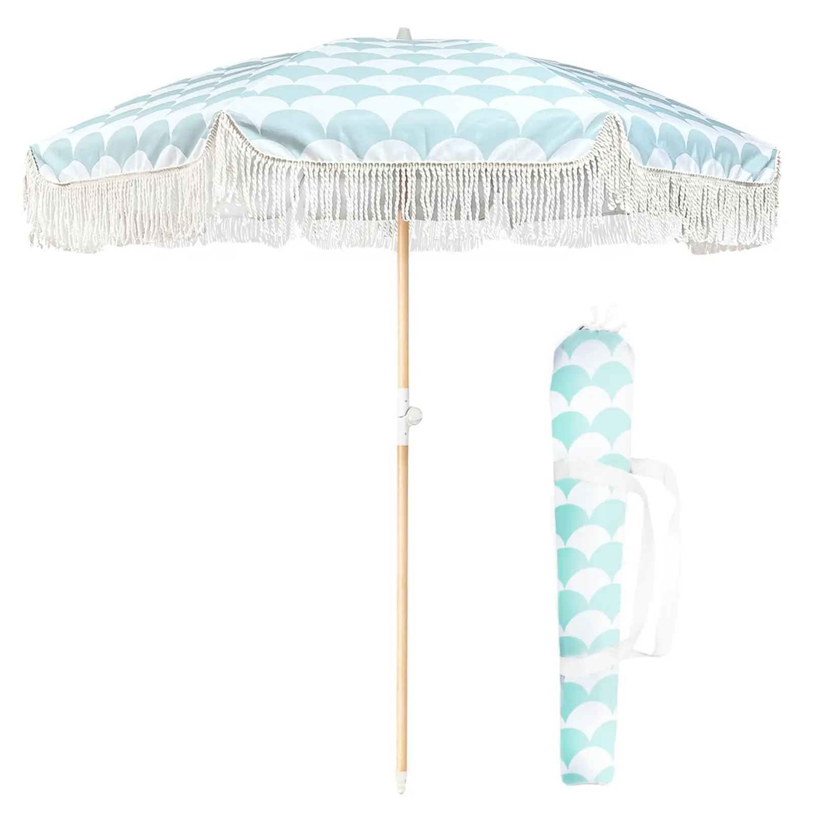 Stripe Premium Outdoor Vintage Wooden Fringe Sun Beach Umbrella Outdoor Furniture Beach Umbrella with Tassels Garden Umbrella