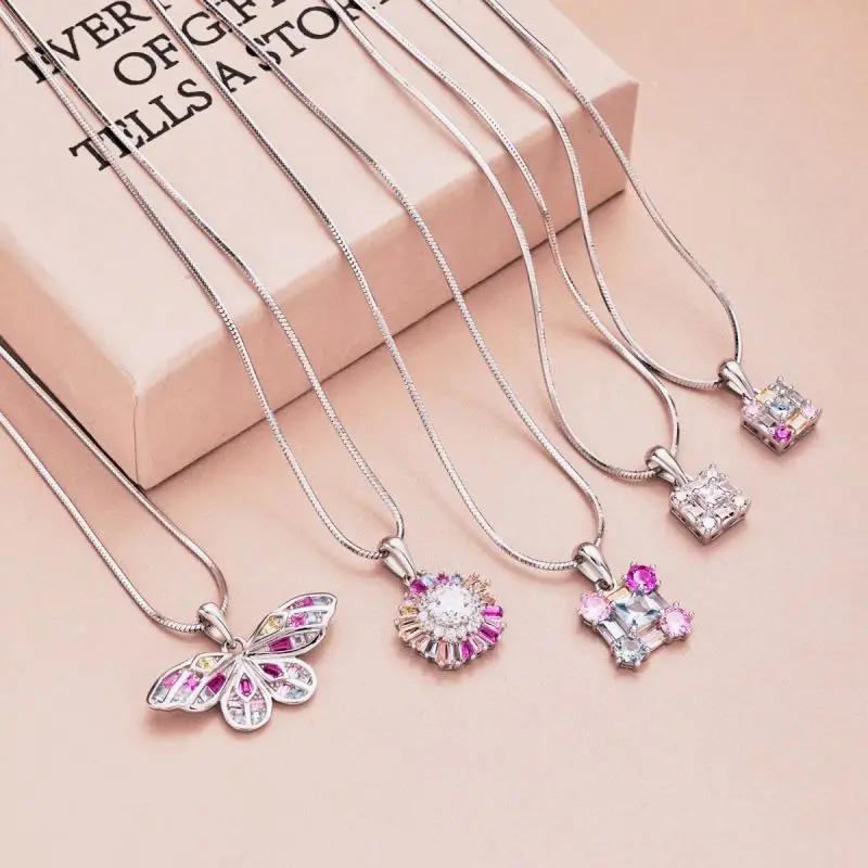 Dylam Exquisite Pink Dragonfly Pendants For Women Necklace Hollow Butterfly Snake Chain Link Colourful Cubic Zirconia Necklaces