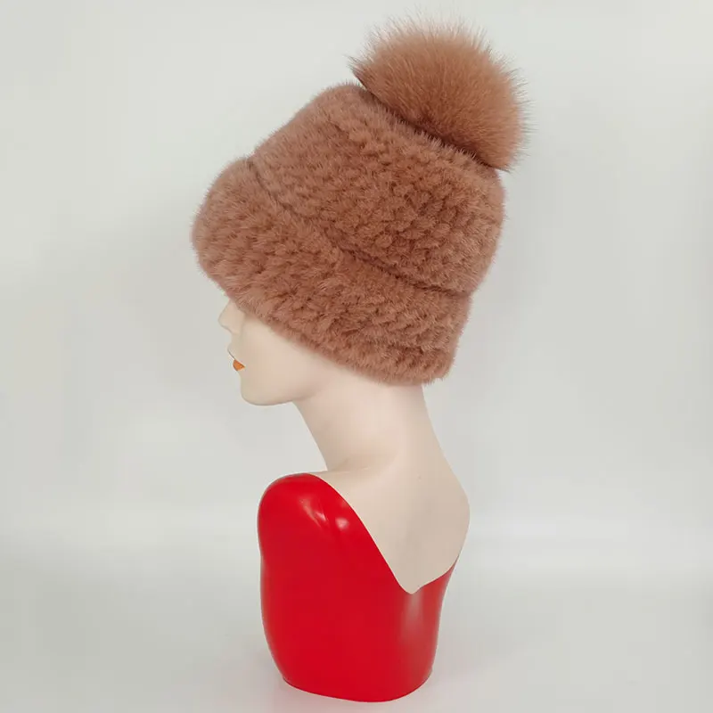 Mink Fur Knit Hat Fur Hat With Fox Fur Ball For Women Winter Warm Mink Hat