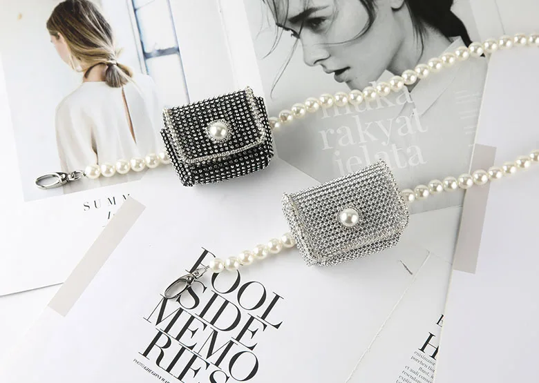 Wholesale decorative ladies women rhinestone waist bag pearl chain belt