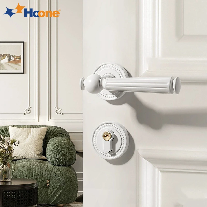 Hoone European Luxury White Entrance Exterior Lever Door Handle Set Security Grip Lock Handles for Interior Home Doors