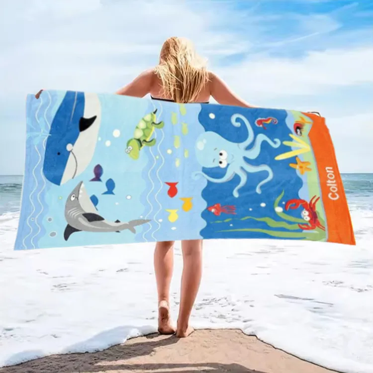 Factory OEM Custom Personalized Logo Reactive Printed 100% Cotton Fabric Rectangle Large Oversized Terry Cotton Beach Towel