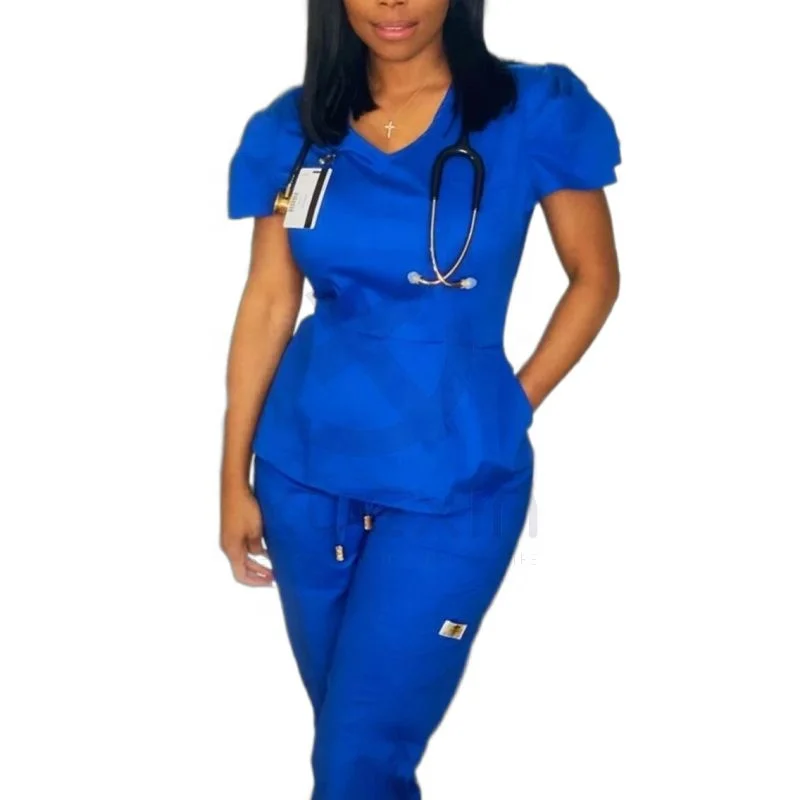 Cheap Uniformes Medicos Spandex Stretch Fabrics Stylish Bubble Sleeve Scrubs Uniforms Sets Medical Cute Scrubs