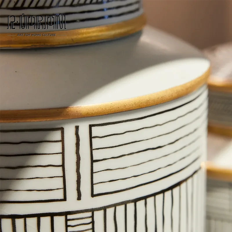 Living Room Accessories Ceramic Art Craft Pieces Stripe Jar Interior Modern Gold Luxury Home Decor
