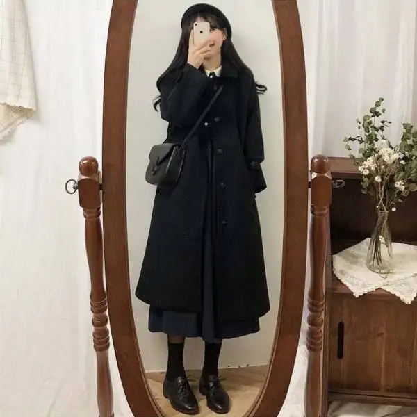 Autumn New  Home British Style Korean Version Womens Double-breasted Mid-length Black Trench Coat Women
