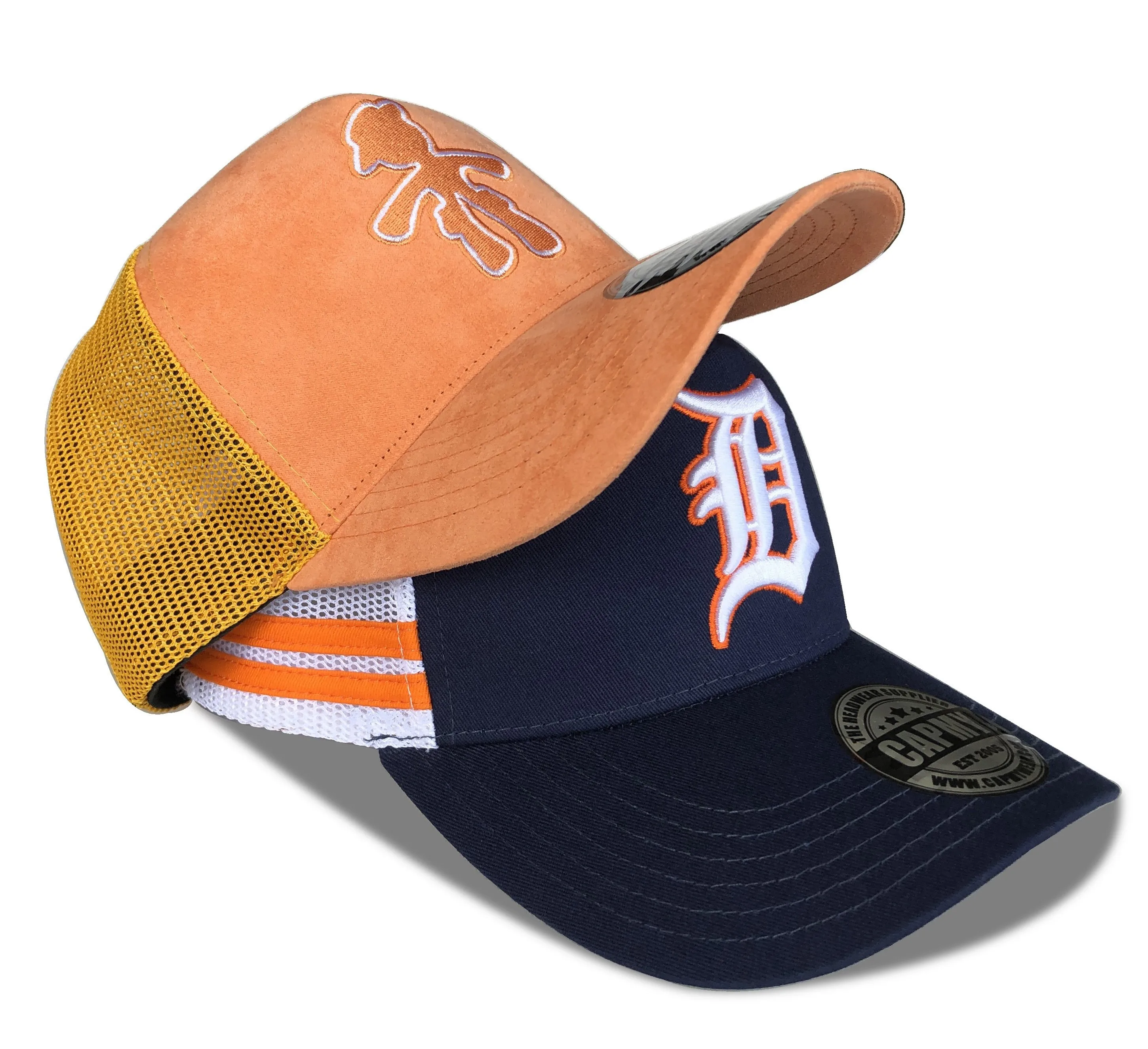 High Profile Mold Two-tone 100% Cotton Fabric 5 Panel Trucker Hat Customized 3d Embroidery Logo Mesh Suede Strip Trucker Cap