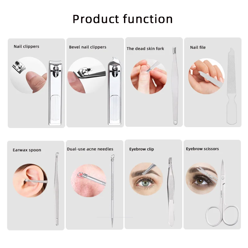 Custom logo convenience nail scissors set  8 pieces nail clipper nail file stainless steel beauty personal care manicure set