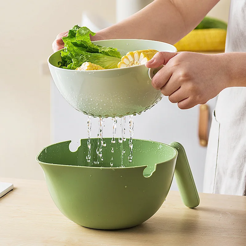 New Color Double Food Drainer Basket Vegetable & Fruit Plastic Kitchen Strainer Storage Basket with Handle