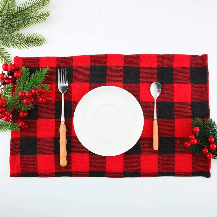 Hot Selling Cotton Linen Table Mat Placemat Checked Buffalo Plaid Dining Kitchen Table Runner And Placemat Set With Low Price