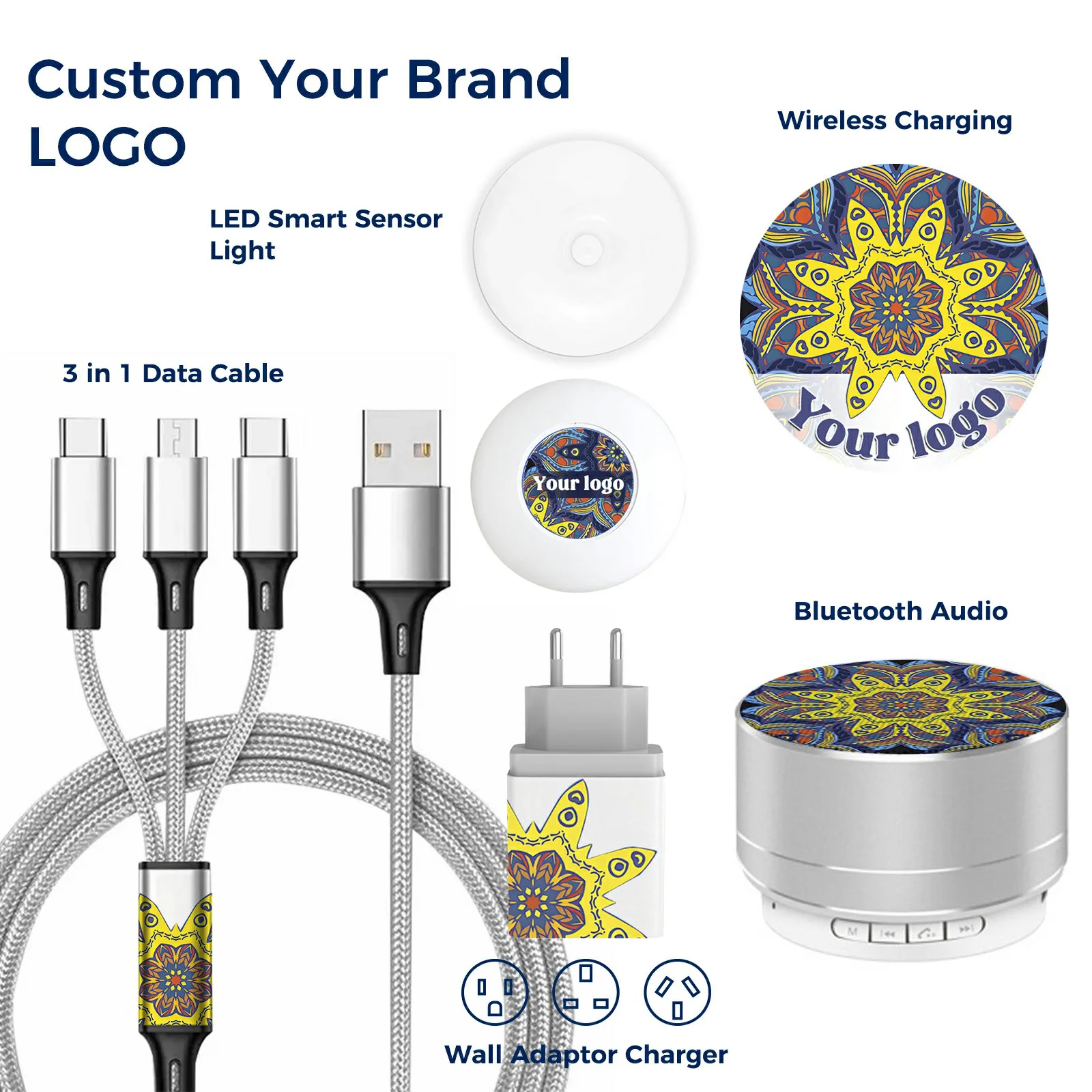 2025 Factory Price GS008  Electronic Gift Sets Logo Custom Business Promotion Gifts LED Light 3 in 1 Cable Charger Hotel GIfts