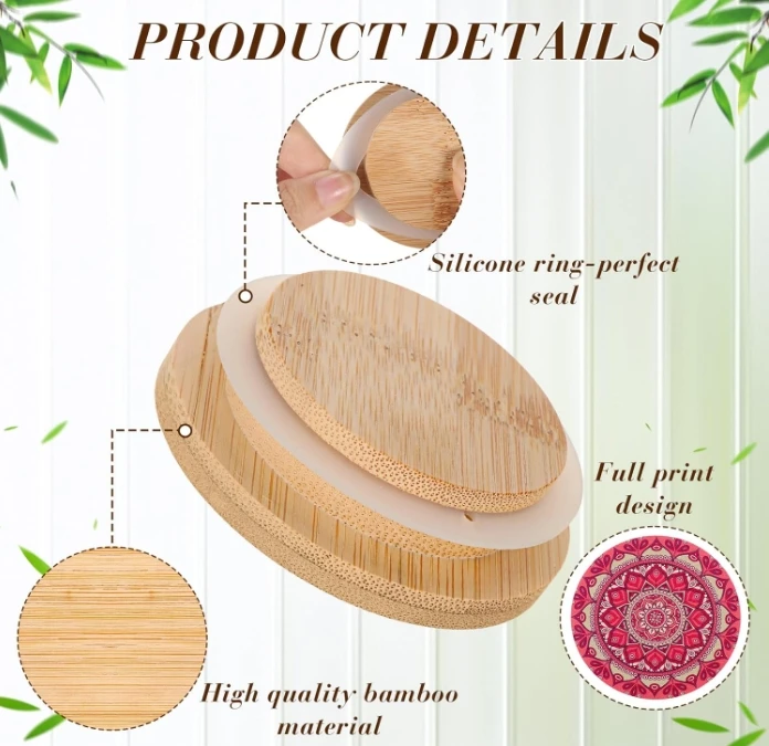 W460 Yogurt Jar Lids Reusable Bamboo Mandala Pattern Lids with Silicone Sealing Rings