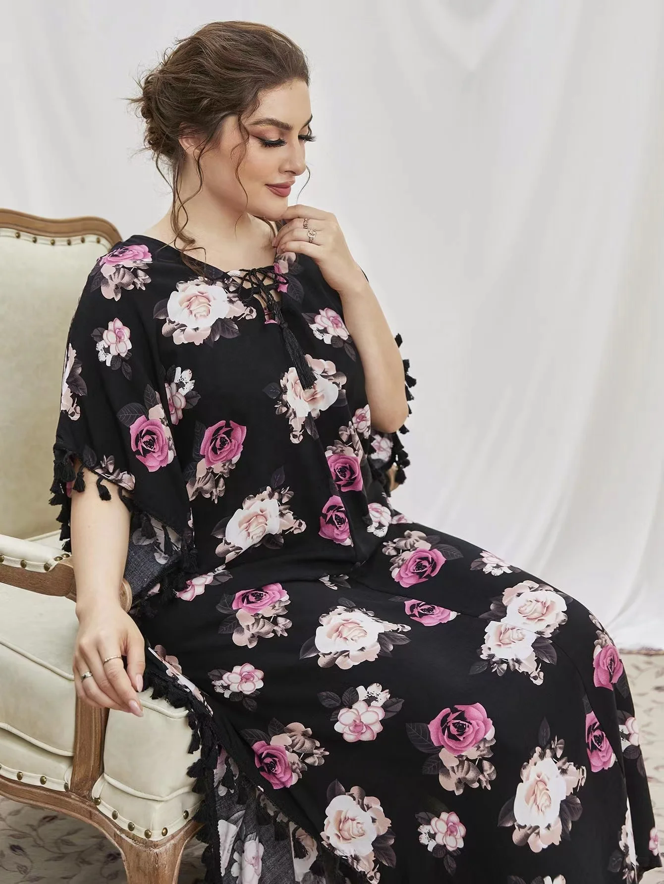 Plus Size Print Fashion Muslim Nightgown Casual Arabic Islamic clothing 4XL Soft Women Sleepwear Robe