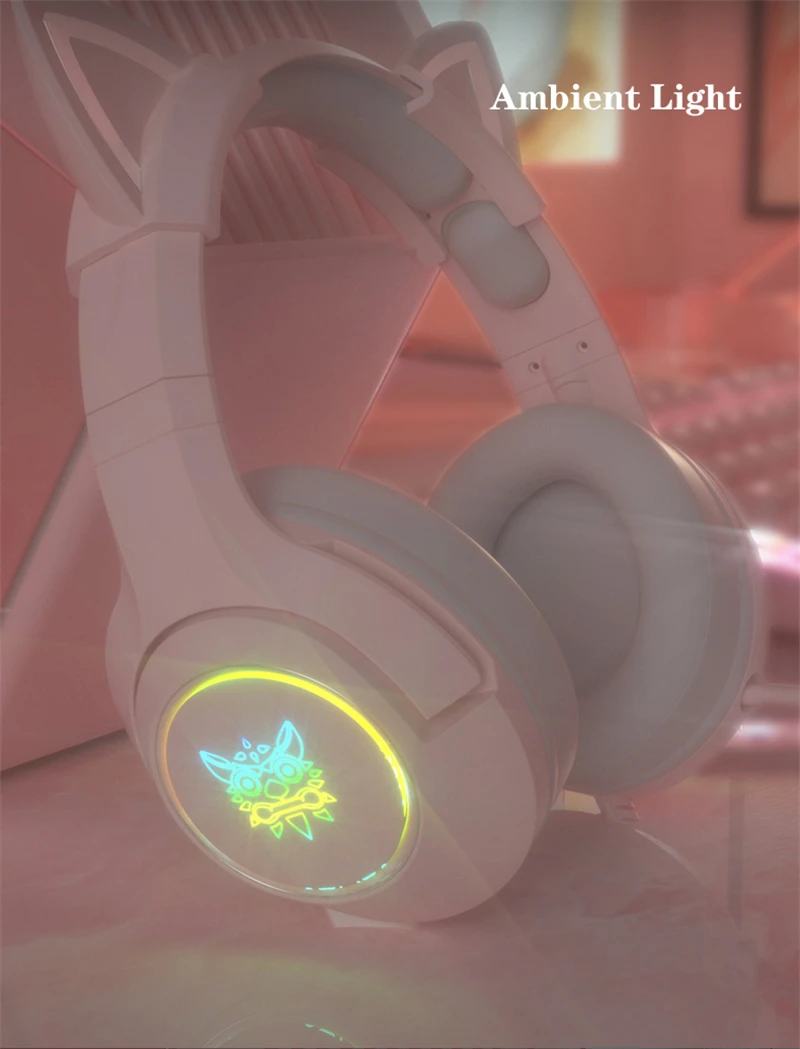 Pink THX 7.1 Surround Sound RGB Lighting Retractable Active Noise Cancelling Mic Lightweight Kitty RGB USB Gaming Headset for pc