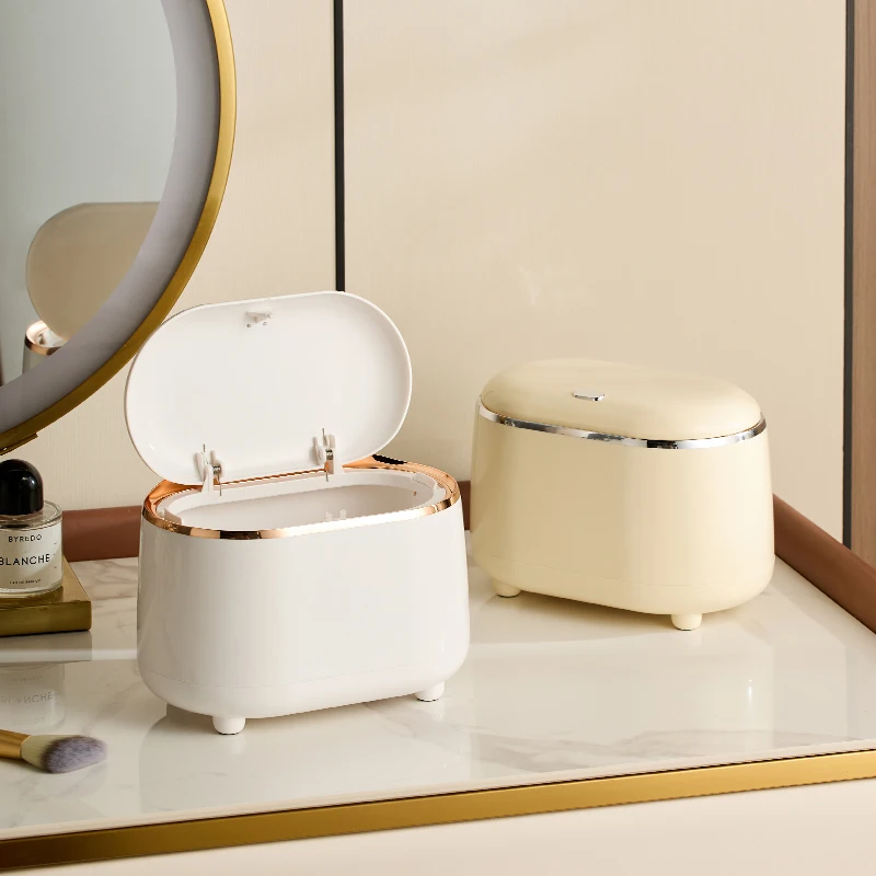 Multi-scene collocation Press desktop small trash can Ddouble-layer oval spring lid storage tube