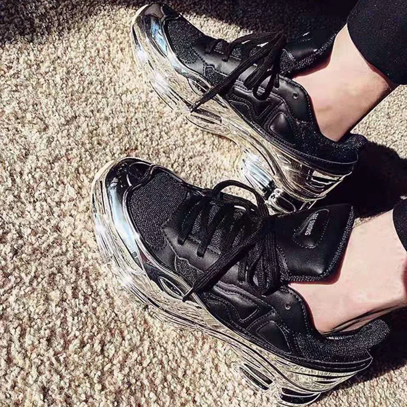 European New Style Raf Simons Ozweego Black Silver Metallic Leather Invisible 7 High Sports Running Shoes