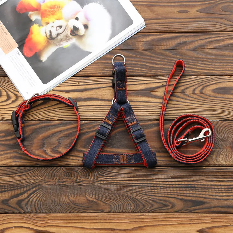Denim Fabric Accessories Collar Leash Dog Harness Set Soft Vest Dog Harness Pet