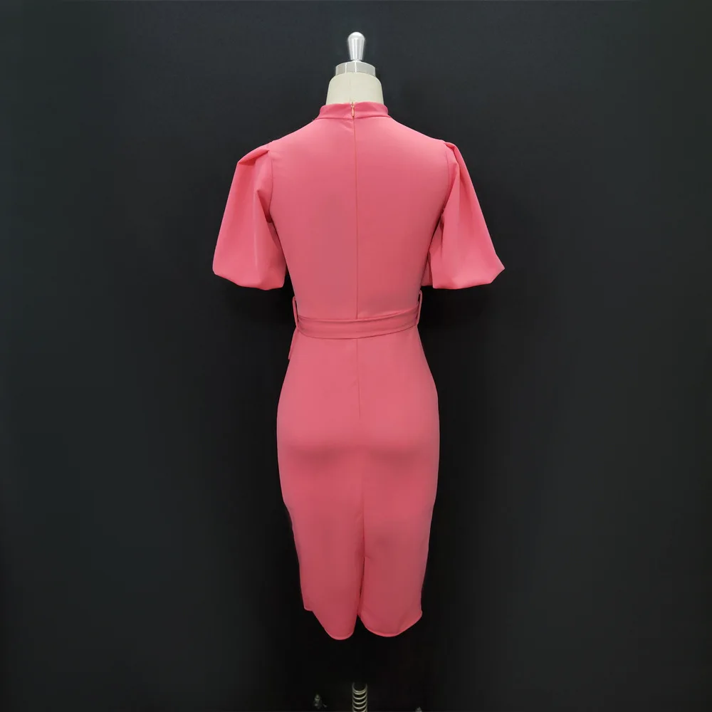 
High quality stand-up collar puff sleeves high-waisted slim fit (including belt) professional Elegant Midi Dress fashionable 
