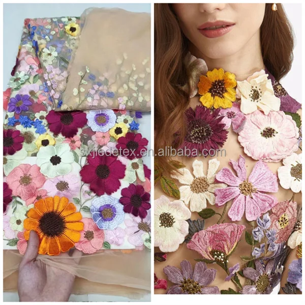 2022 New Design Ankara  African Fabrics Indian Diy Bridal Wedding 3D Flowers Embroidery Tulle Lace Fabric