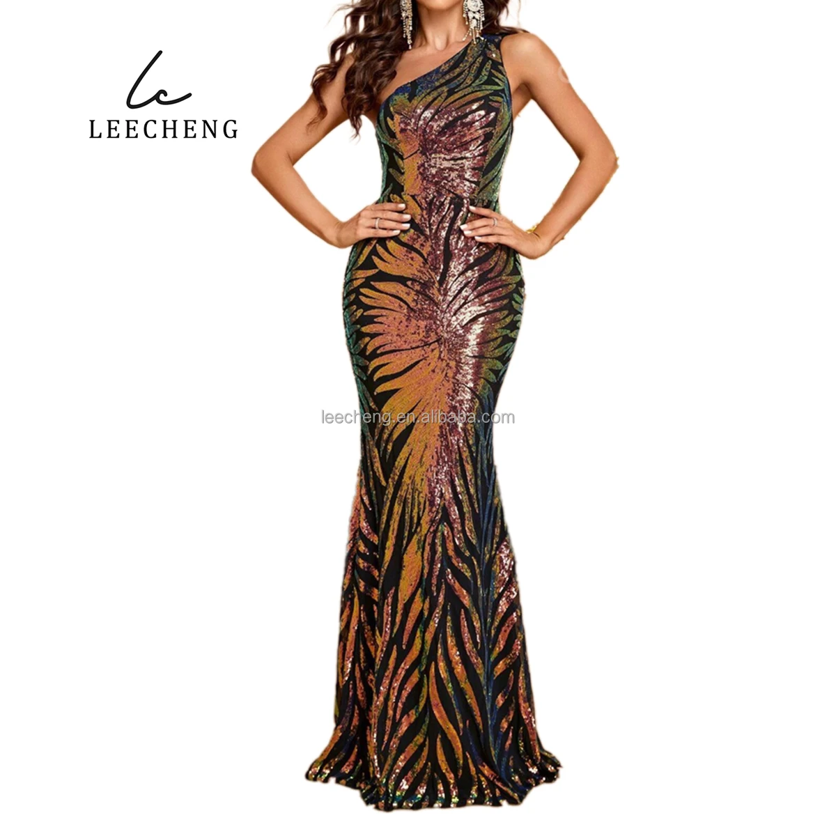 Женское свадебное платье без рукавов с одним плечом зеленое платье-русалка в пол